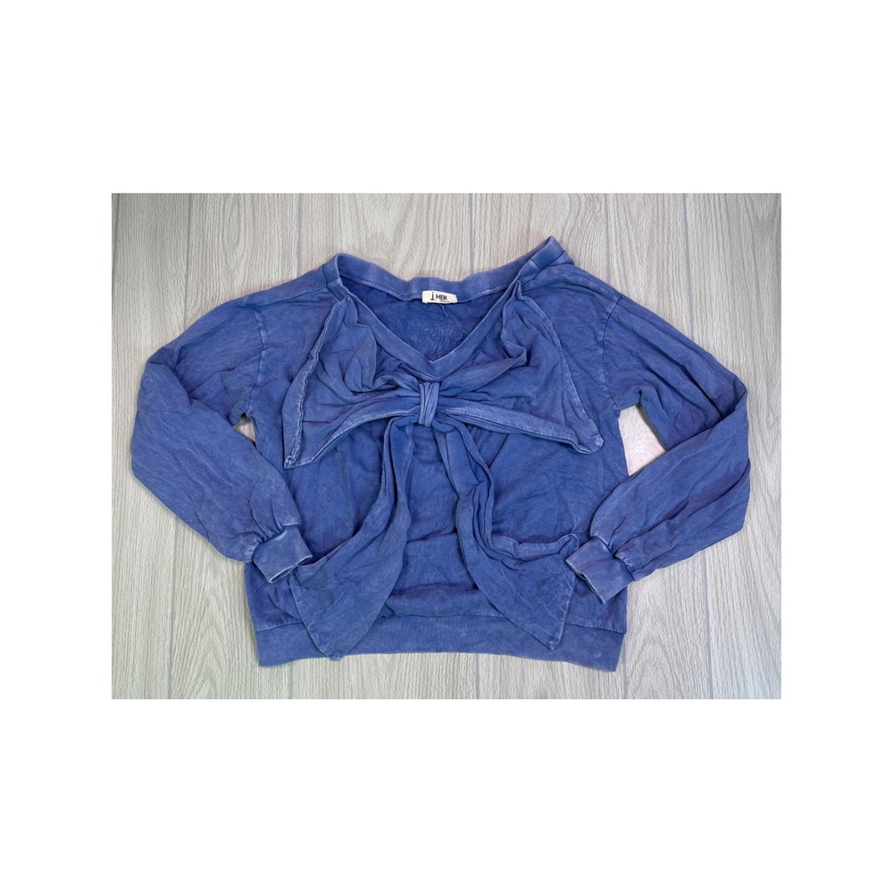 J.HER Ribbon Bow Top Denim Blue Long Sleeve Sweatshirt HT6725 Small